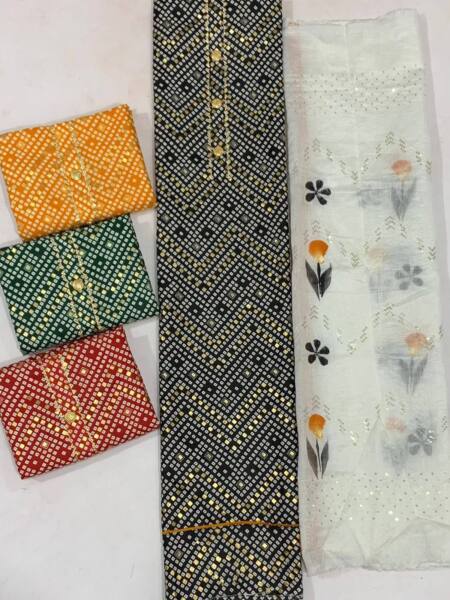Neckwork Dress Bandhani Print